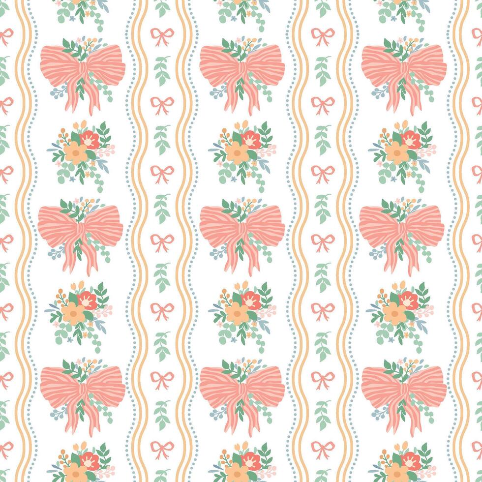 Pink coquette seamless pattern with floral bow knots, cute flowers, leaves, vertical stripes. Summer grand millennial print cottage core design. Repeat background, wallpaper, retro textile vector