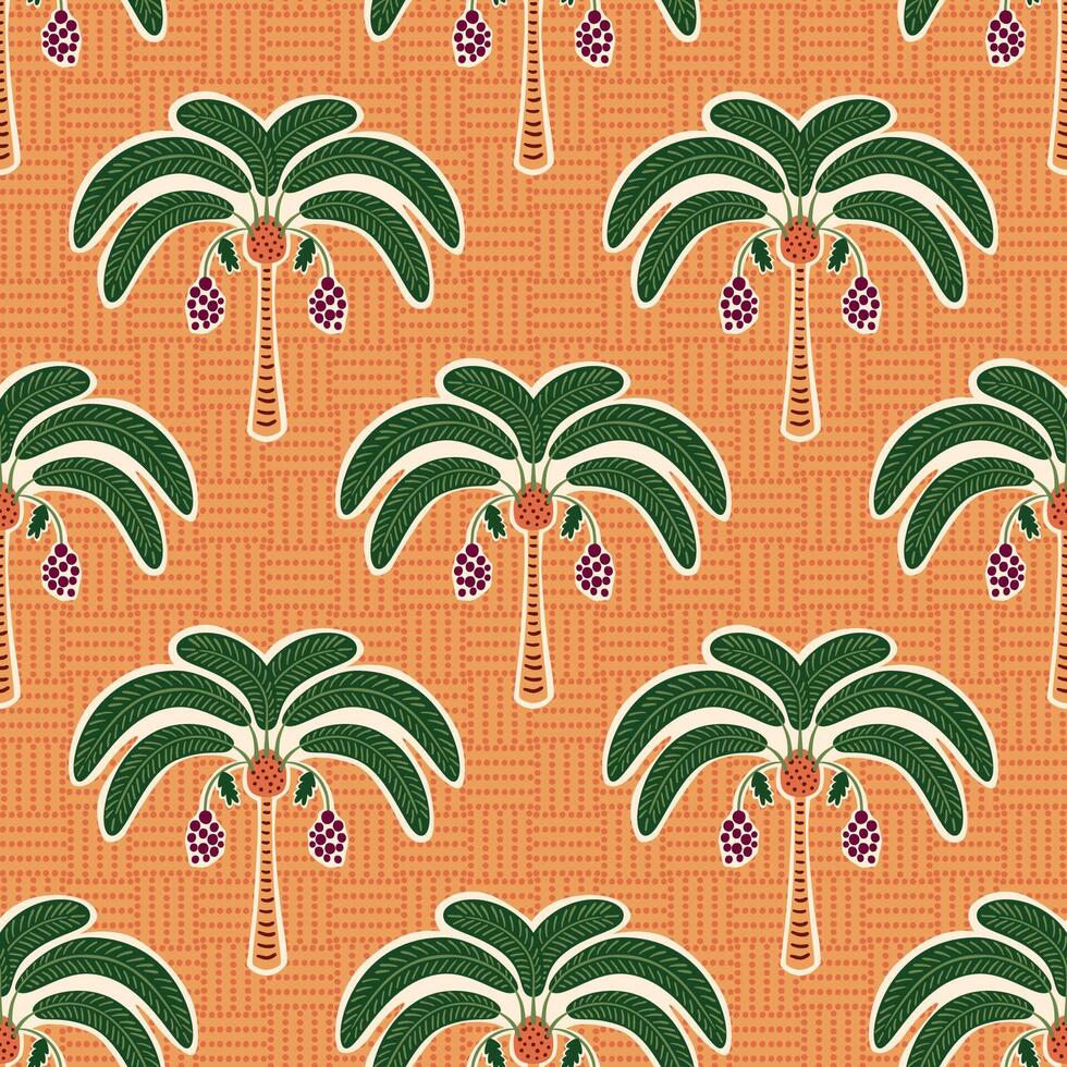 Tropical palm trees on the orange polka dot background. Hand drawn geometric summer vacation seamless pattern. Jungle textile design, background, print, wallpaper. Cute cut out style of plants. vector