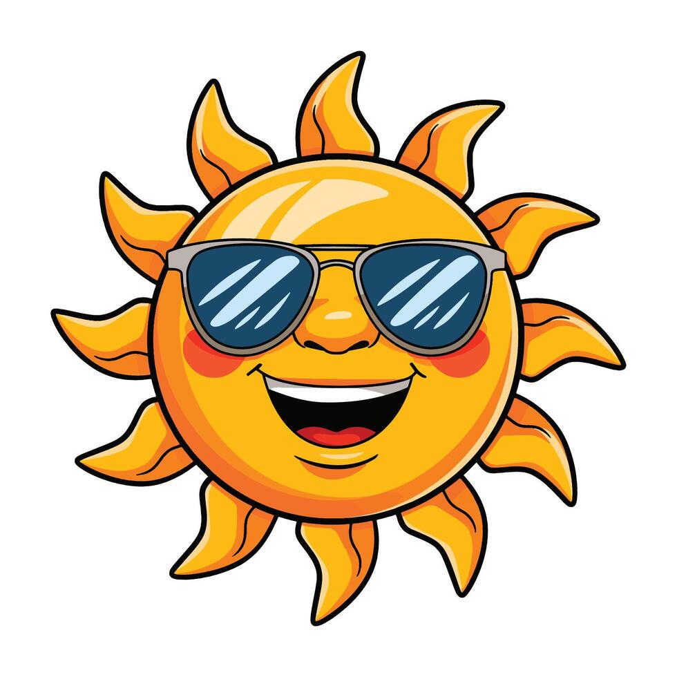 Sun character wearing sunglasses. Fun and cheerful summer mascot icon. Flat cartoon style illustration, perfect for seasonal designs and branding vector