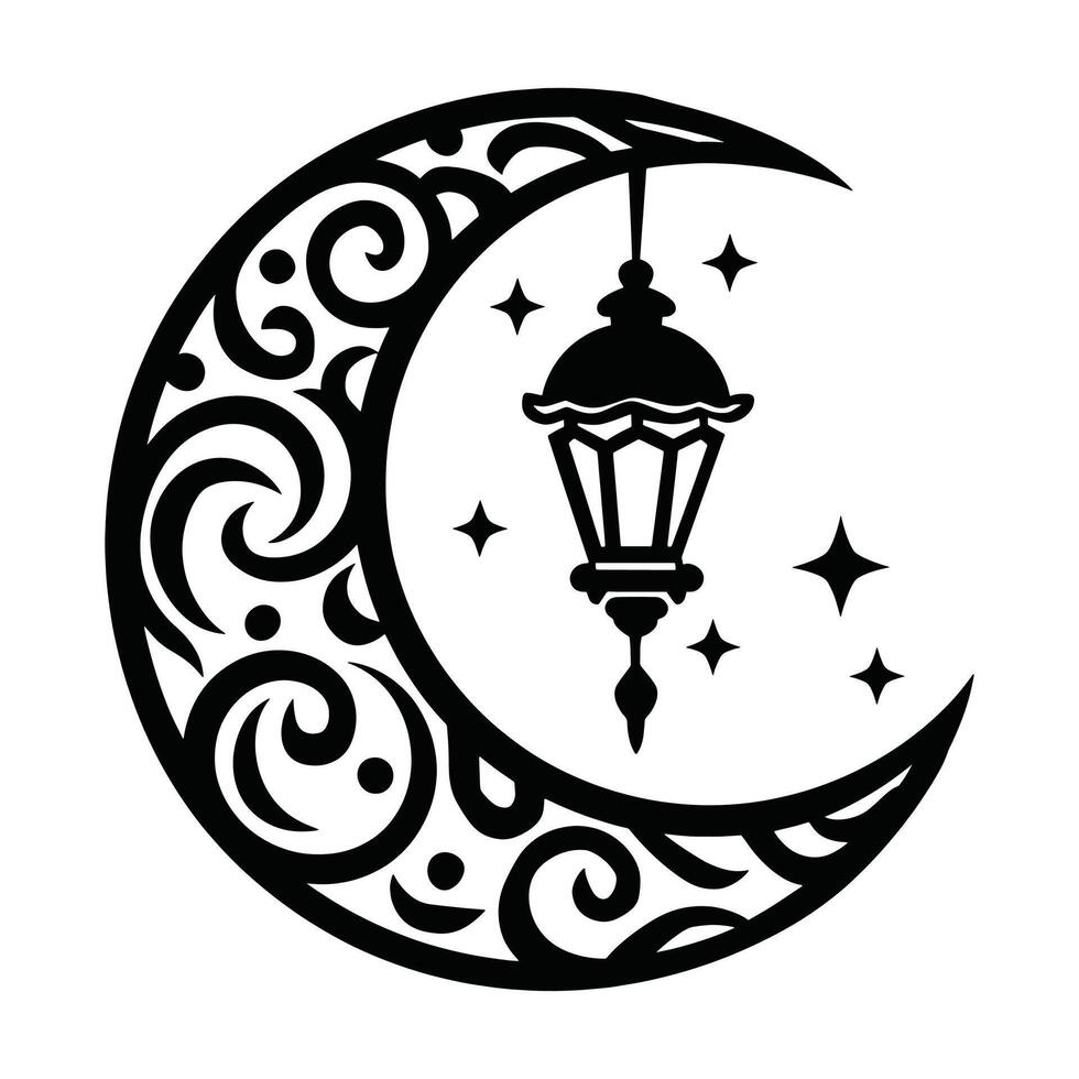 Ramadan Kareem design with a crescent moon and hanging lanterns. Elegant Islamic decoration for festive greetings. Flat illustration isolated on white vector