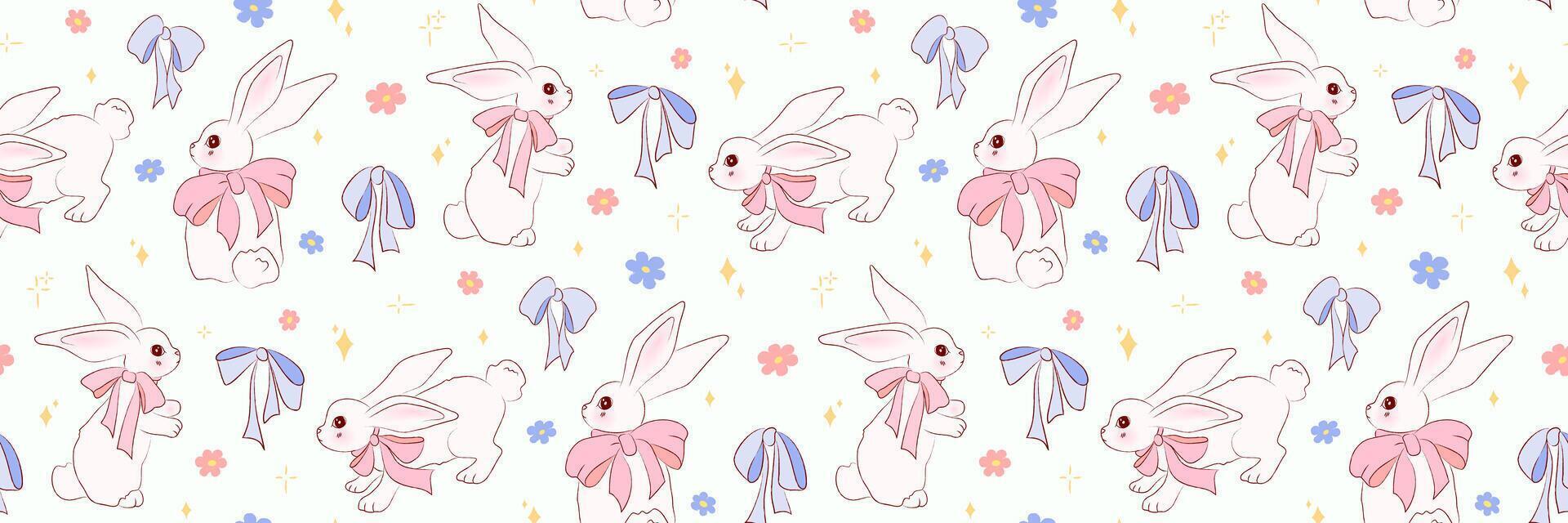 Seamless pattern with hand drawn bunnies wearing pink bows, pastel flowers and ribbons on a light background. Crayon texture. Cute background in coquette style, wallpaper for spring, Easter designs. vector