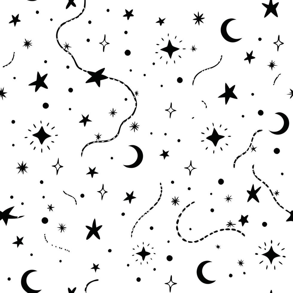 Celestial Stars and Moon Pattern Hand Drawn Night Sky, Cosmic Seamless Background, Space Design vector