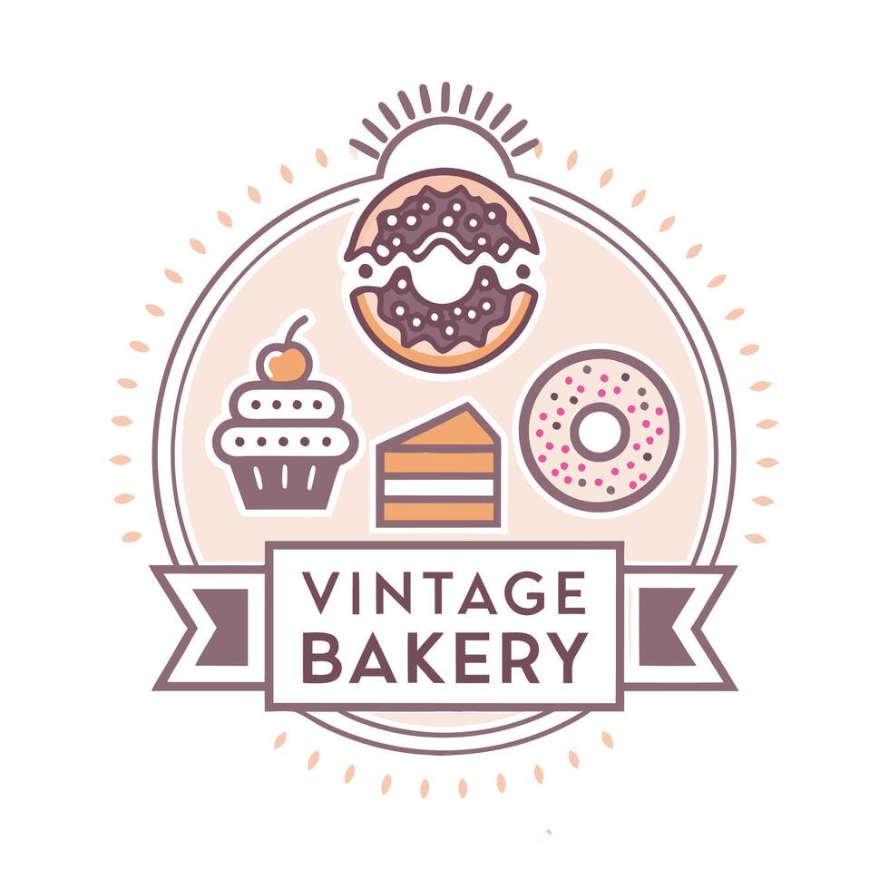 Vintage Bakery Logo Donuts, Cupcake, Cake, Pastry Emblem, Retro Branding, Dessert Shop Icon vector