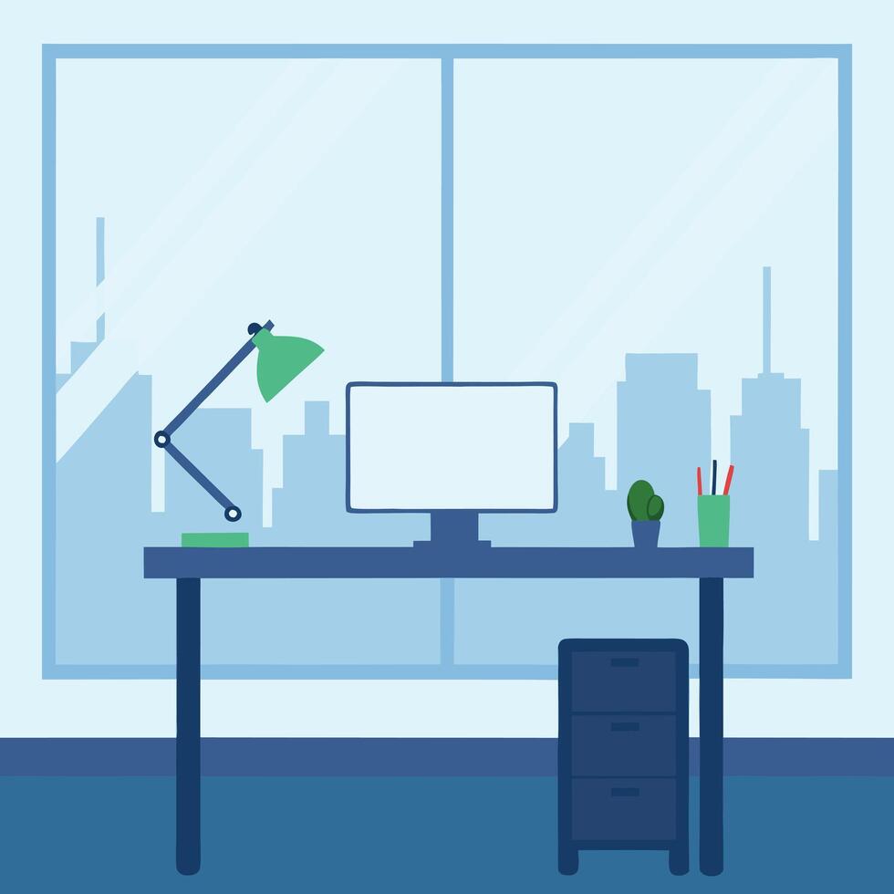 Modern office workspace with city view vector