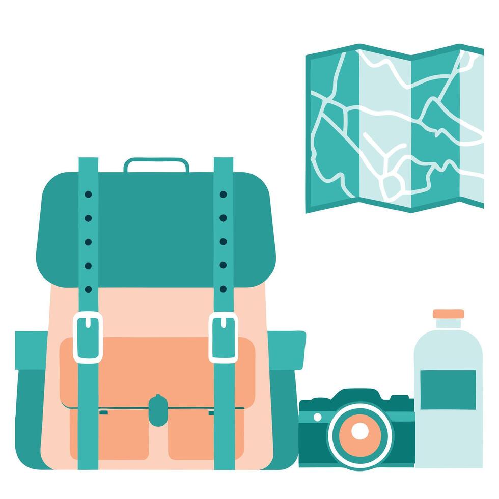 Colorful Backpack, Map, Camera, and Water Bottle A Vibrant Travel Illustration vector