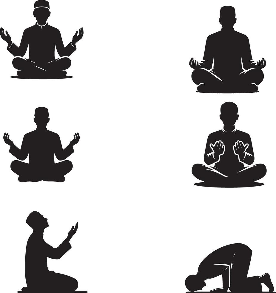 silhouettes of muslim men praying in different positions vector