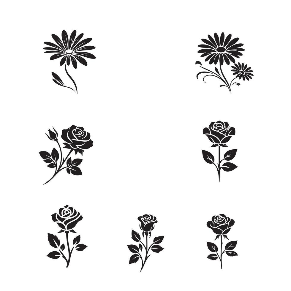 a set of black and white flowers of roses vector