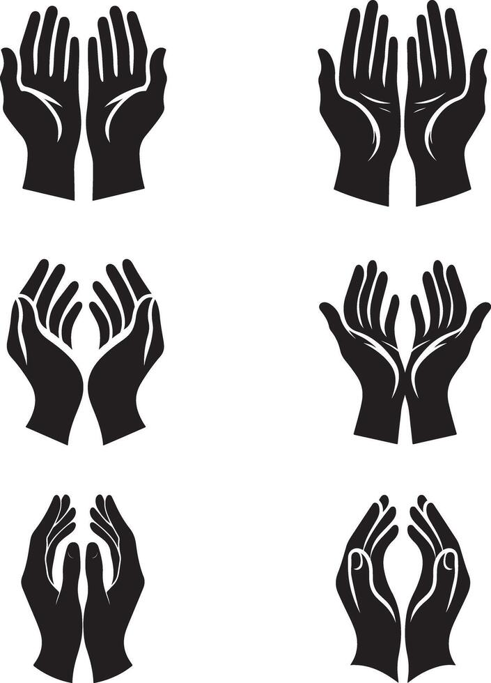 Ramadan and Eid hands in different positions, black and white silhouette vector