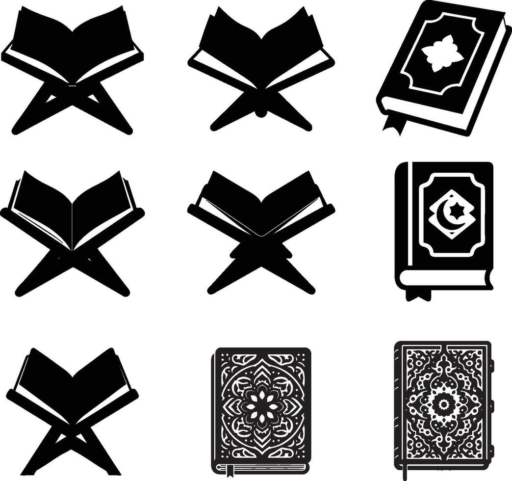 Muslim Quran book icon silhouette set, Ramadan, Eid Ul Fitr vector