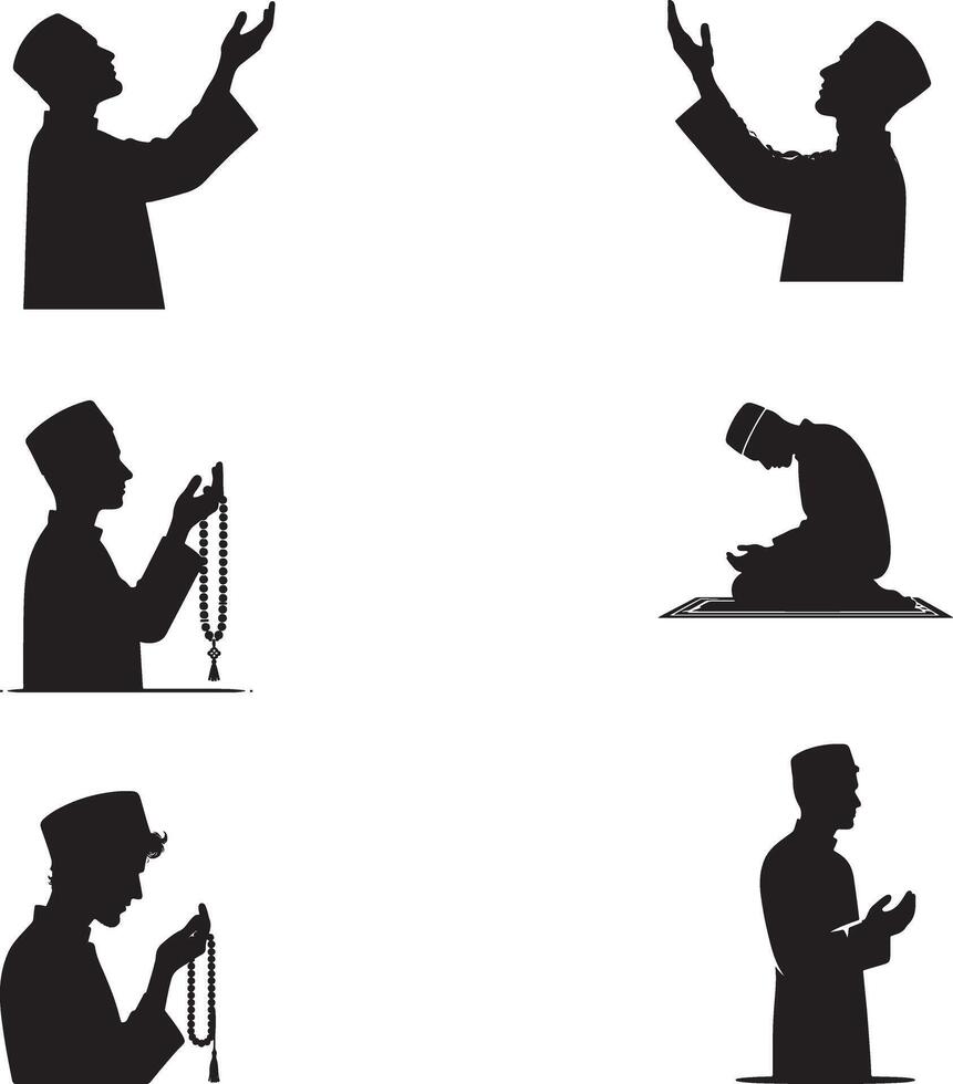 silhouettes of muslim men praying and praying different positions vector