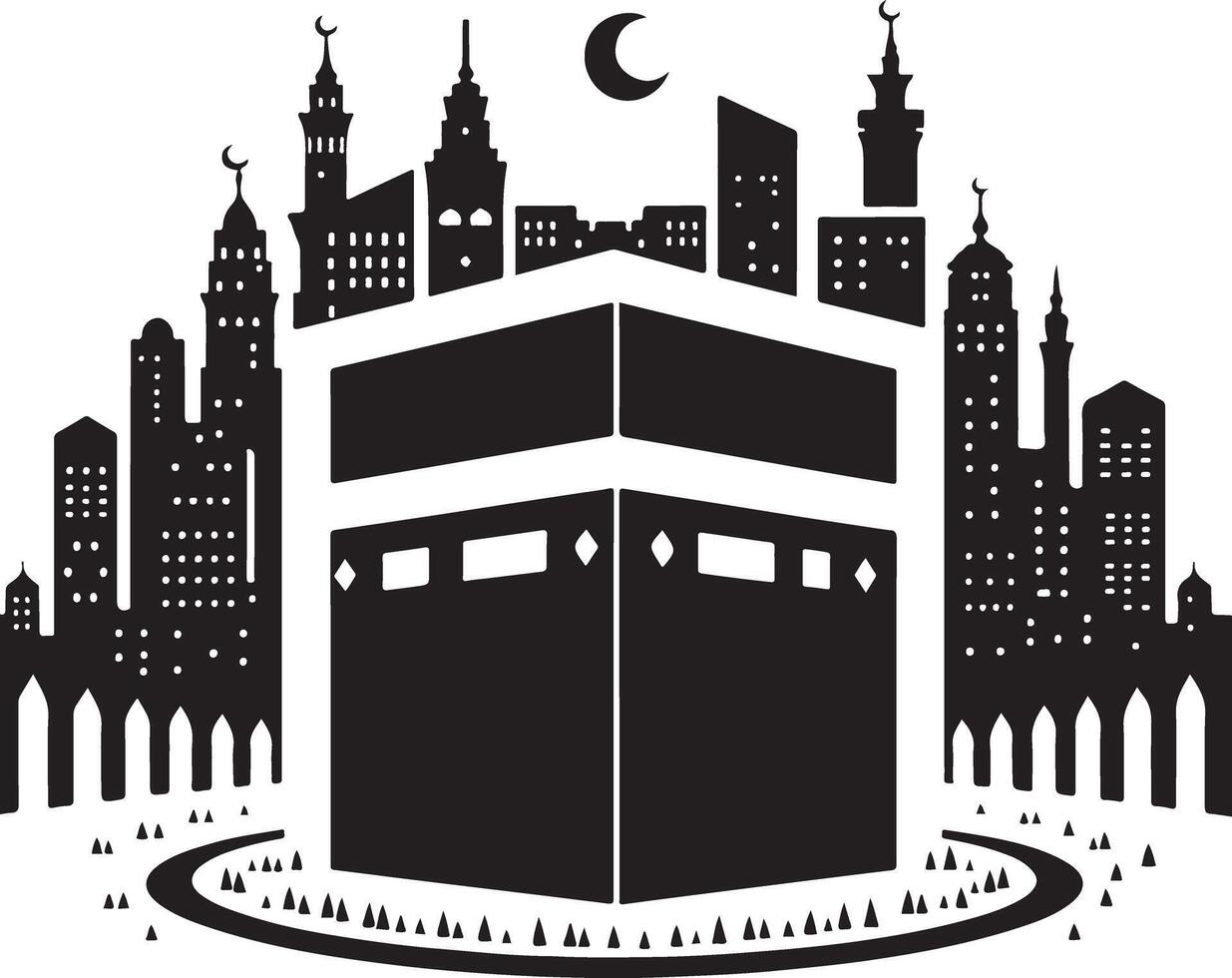 Ramadan and Eid, Kaaba in the middle of the city with a mosque and a city skyline vector