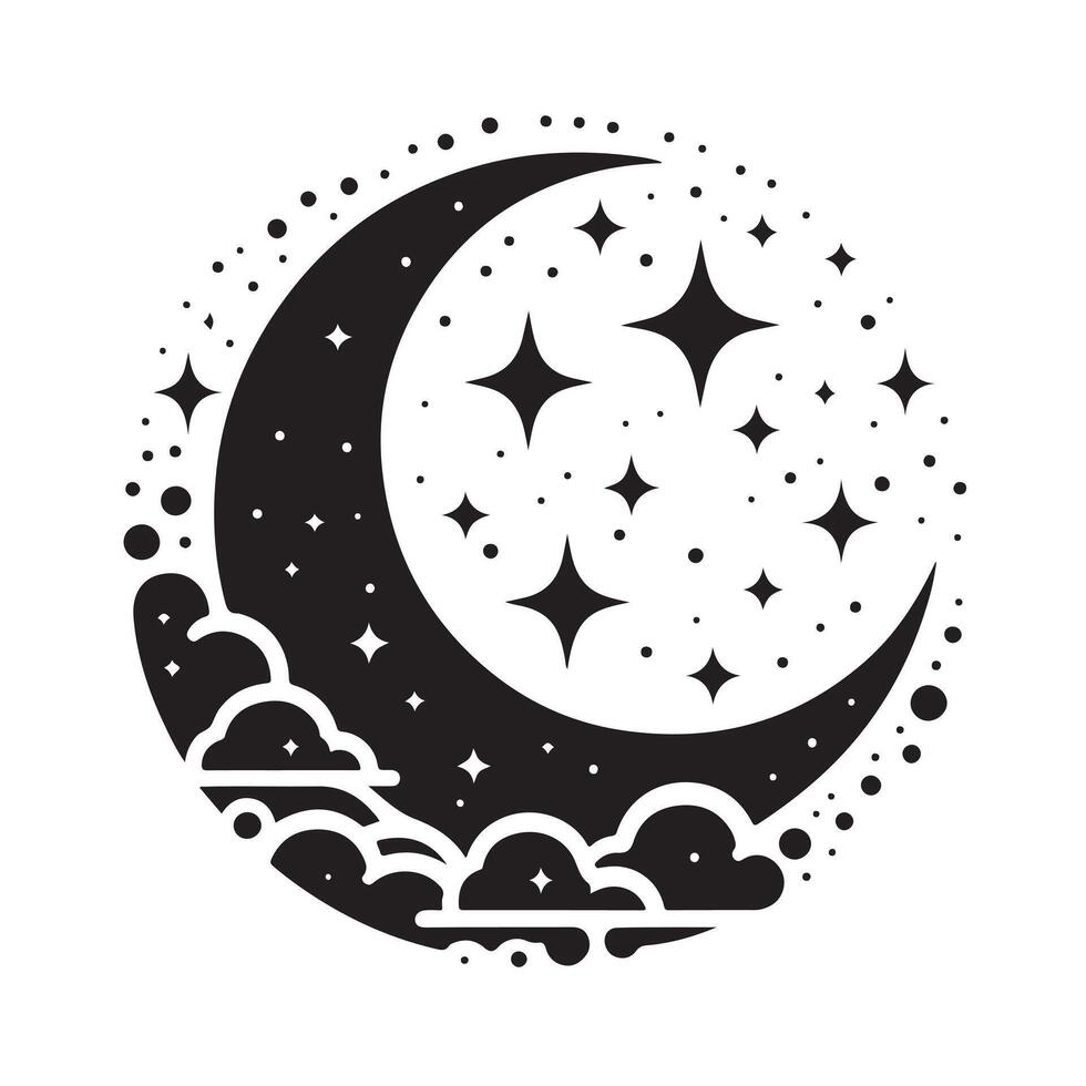 a black and white illustration of a crescent with stars and clouds vector