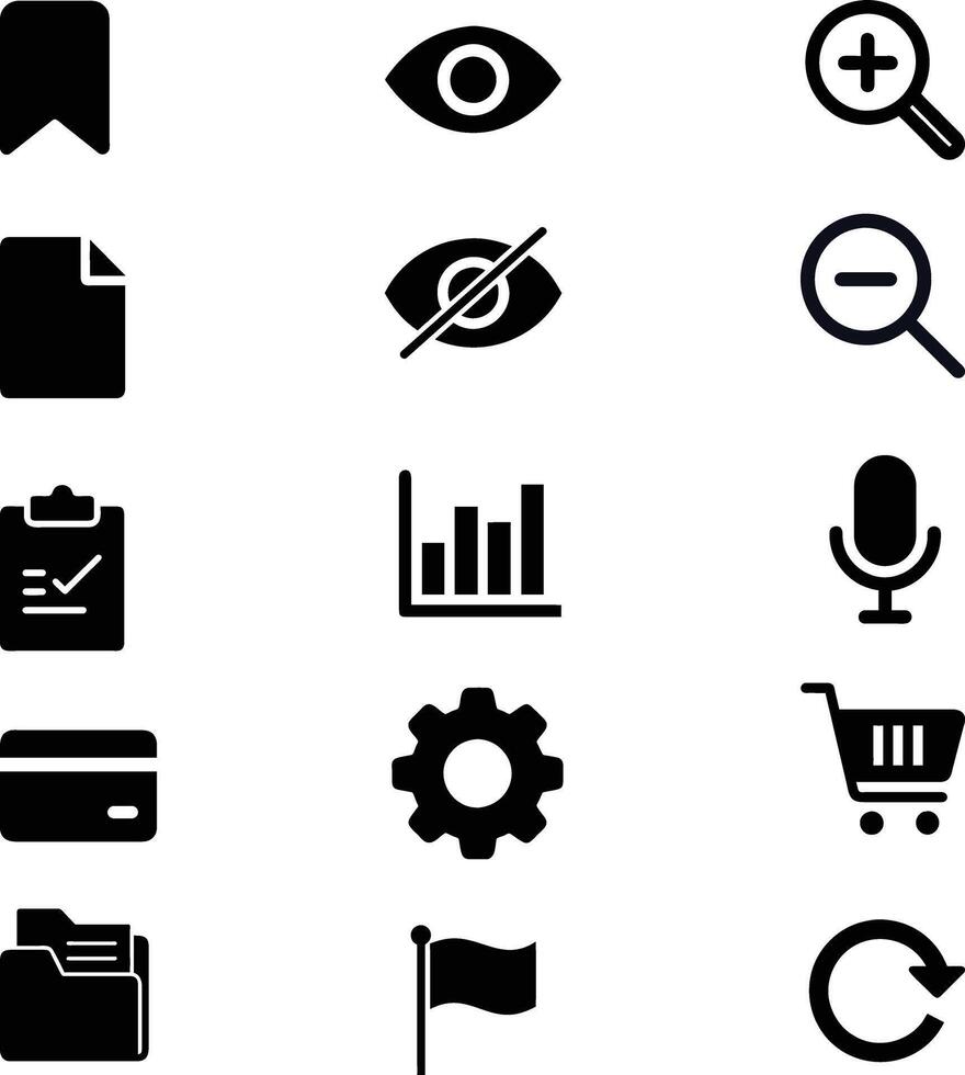Icons Set, Refresh, Folder, Flag, Eye, Eye Off, Zoom In, Zoom Out, Cart, Credit Card, Clipboard, Graph, Settings, Microphone, Document, Bookmark vector