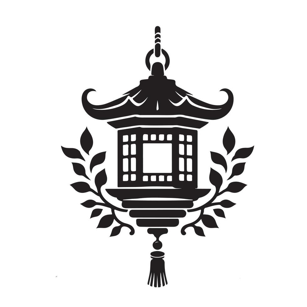 Eid al Fitr black and white logo of a lantern with leaves vector