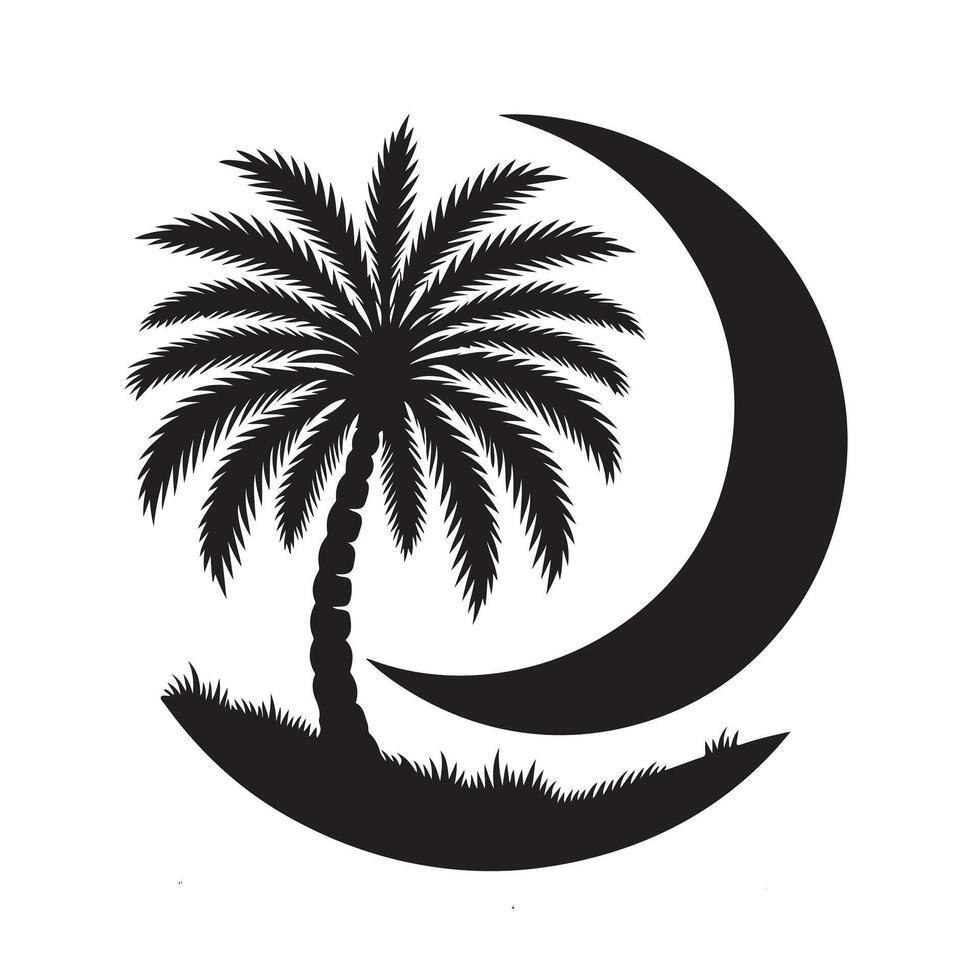 a palm tree and moon in silhouette Eid al Fitr vector