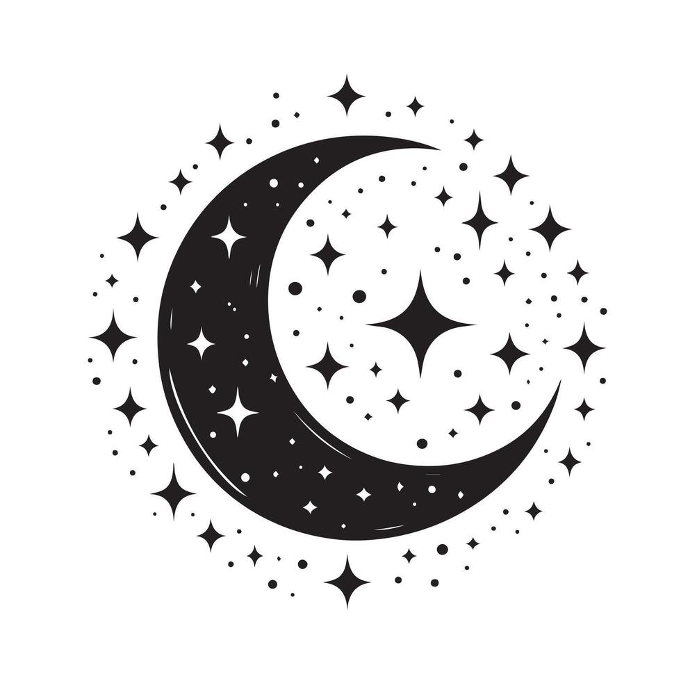 a black and white illustration of a crescent with stars vector