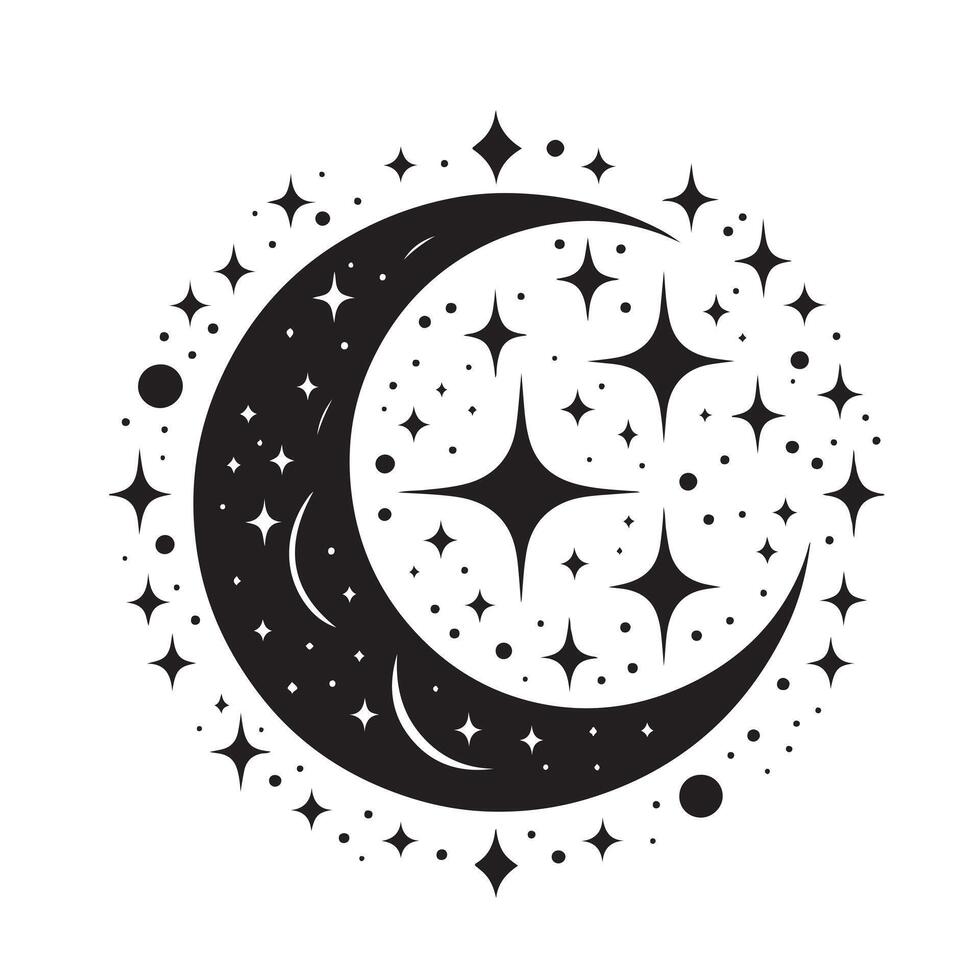 Eid al Fitr black and white illustration of a crescent with stars vector
