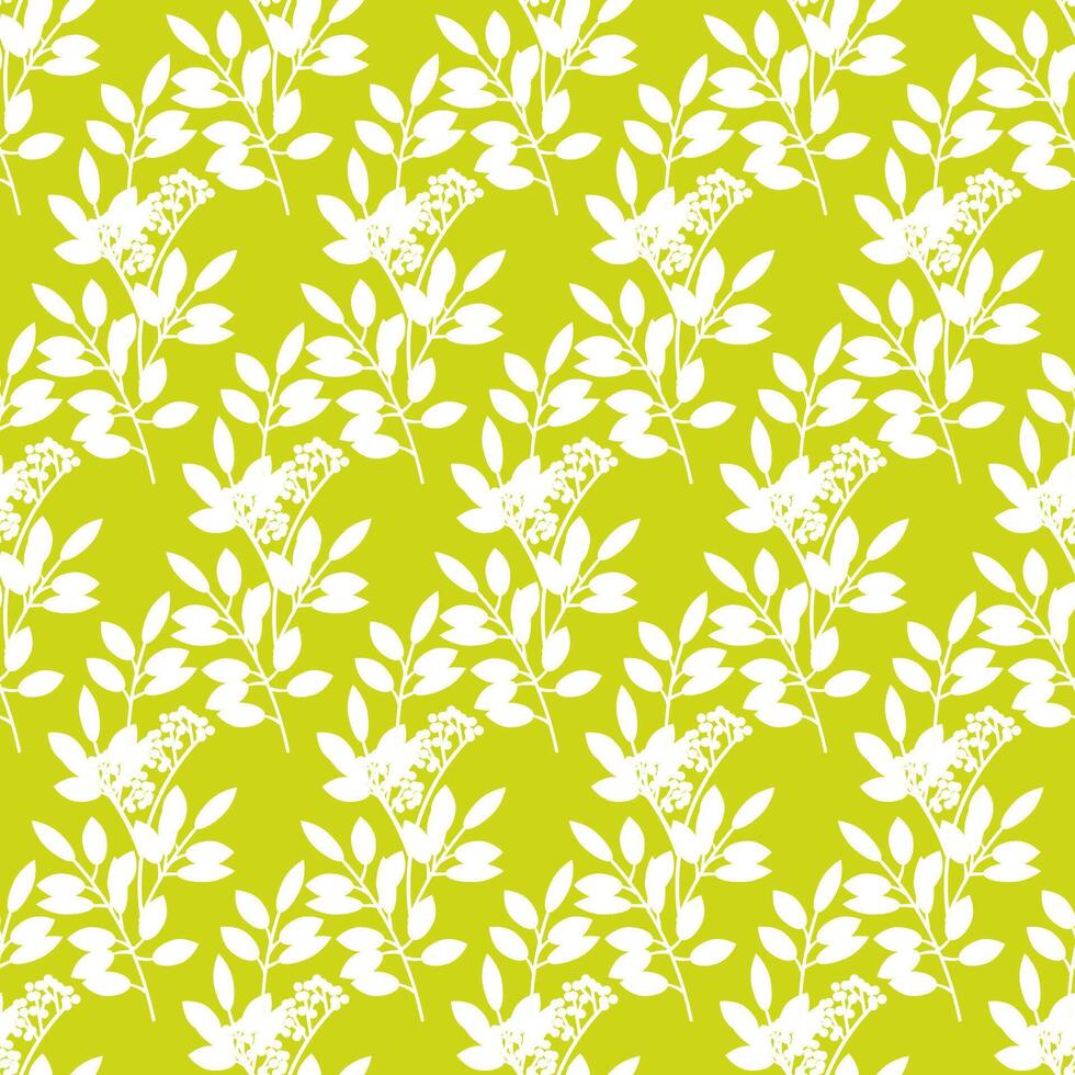 Easter seamless pattern of white small wild flowers and leaves on yellow-green background vector