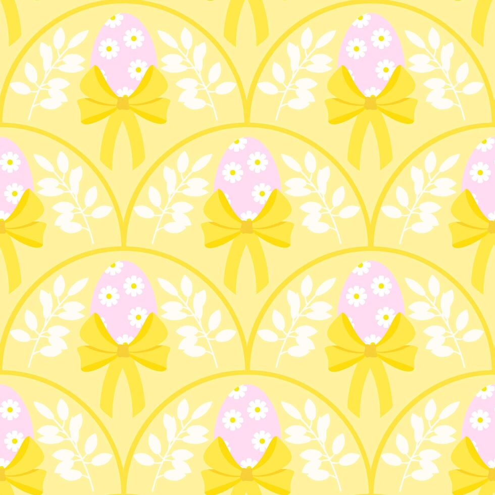 Seamless pattern of Easter eggs and white twigs with leaves on a yellow background vector