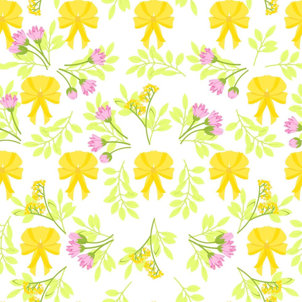 Seamless pattern of yellow bows and small flowers with leaves on a white background vector
