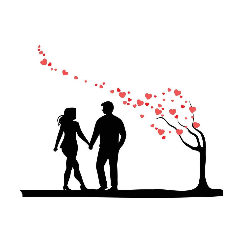 Romantic Silhouette Couple with Heart Tree Blossoms. vector