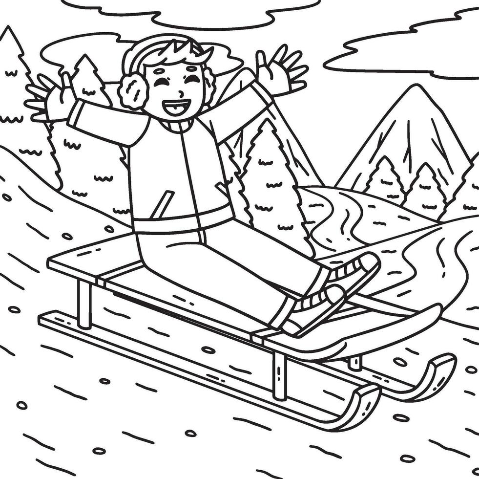 Sledding Boy with Hands in the Air Coloring Page vector