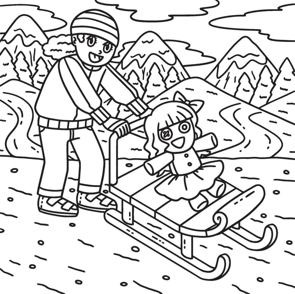 Sledding Girl Pushing Sled with a Doll Coloring vector