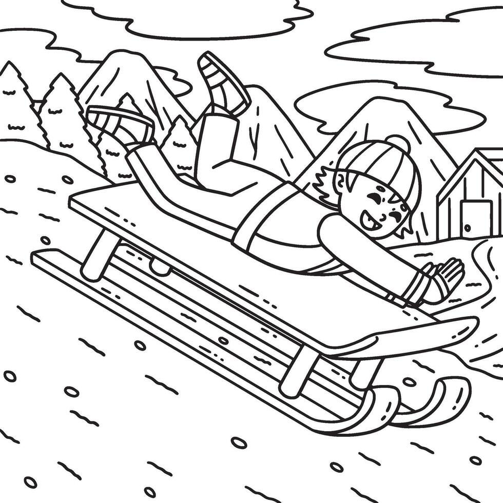 Sledding Boy on his Stomach Coloring Page for Kids vector