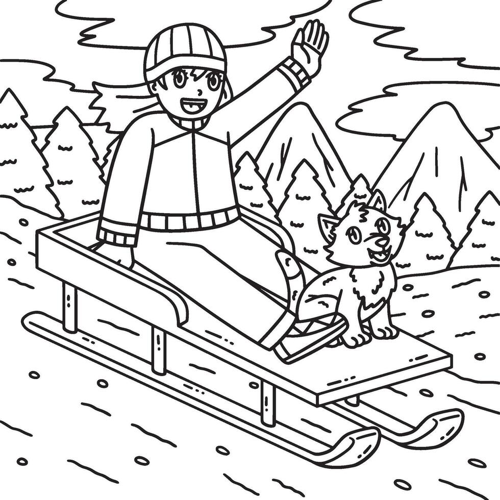 Sledding Girl with a Cat Coloring Page for Kids vector