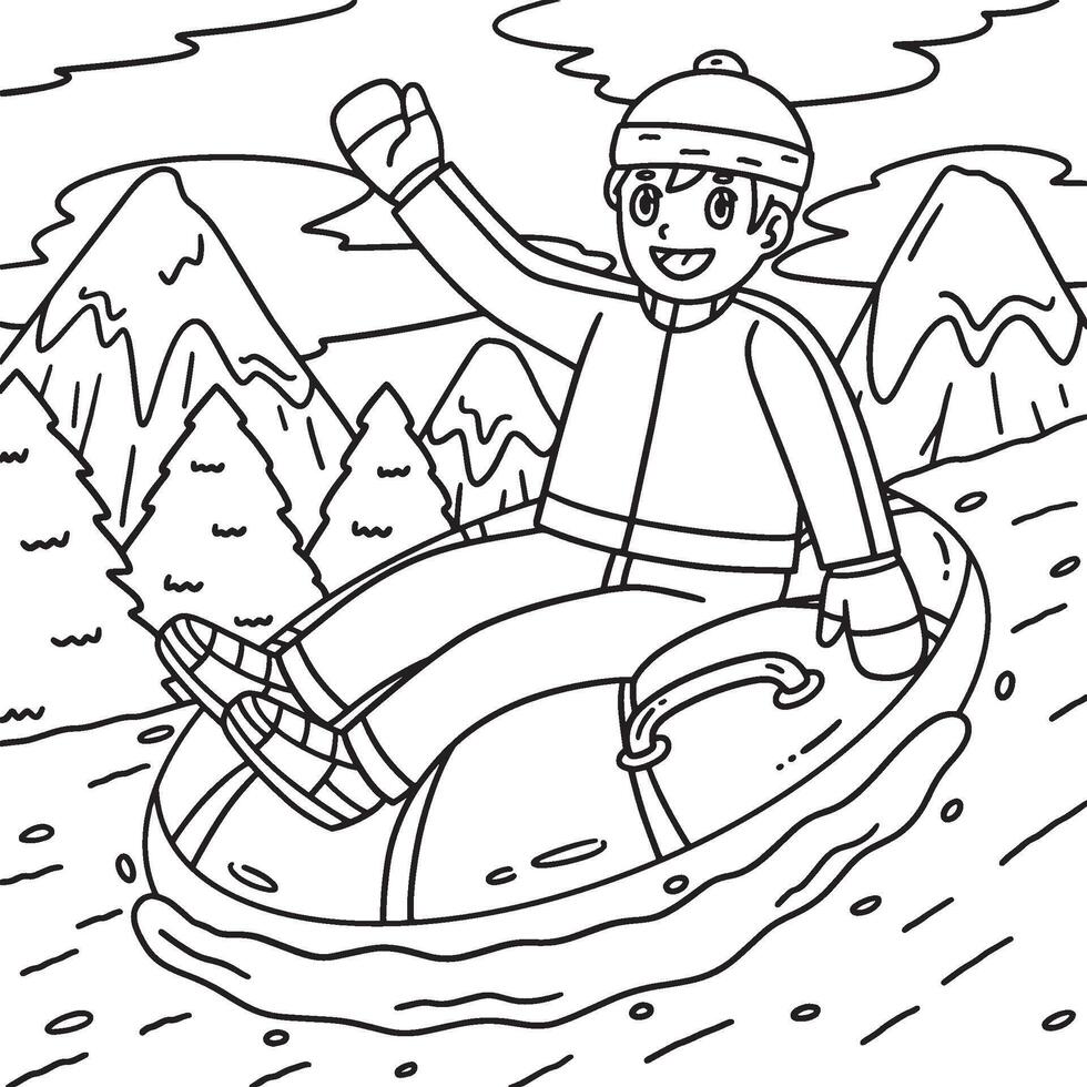 Sledding Boy Riding an Inflatable Sled Coloring vector