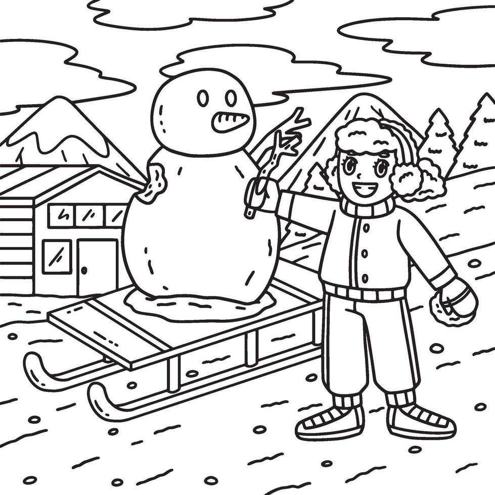 Sledding Girl Building a Snowman Coloring Page vector