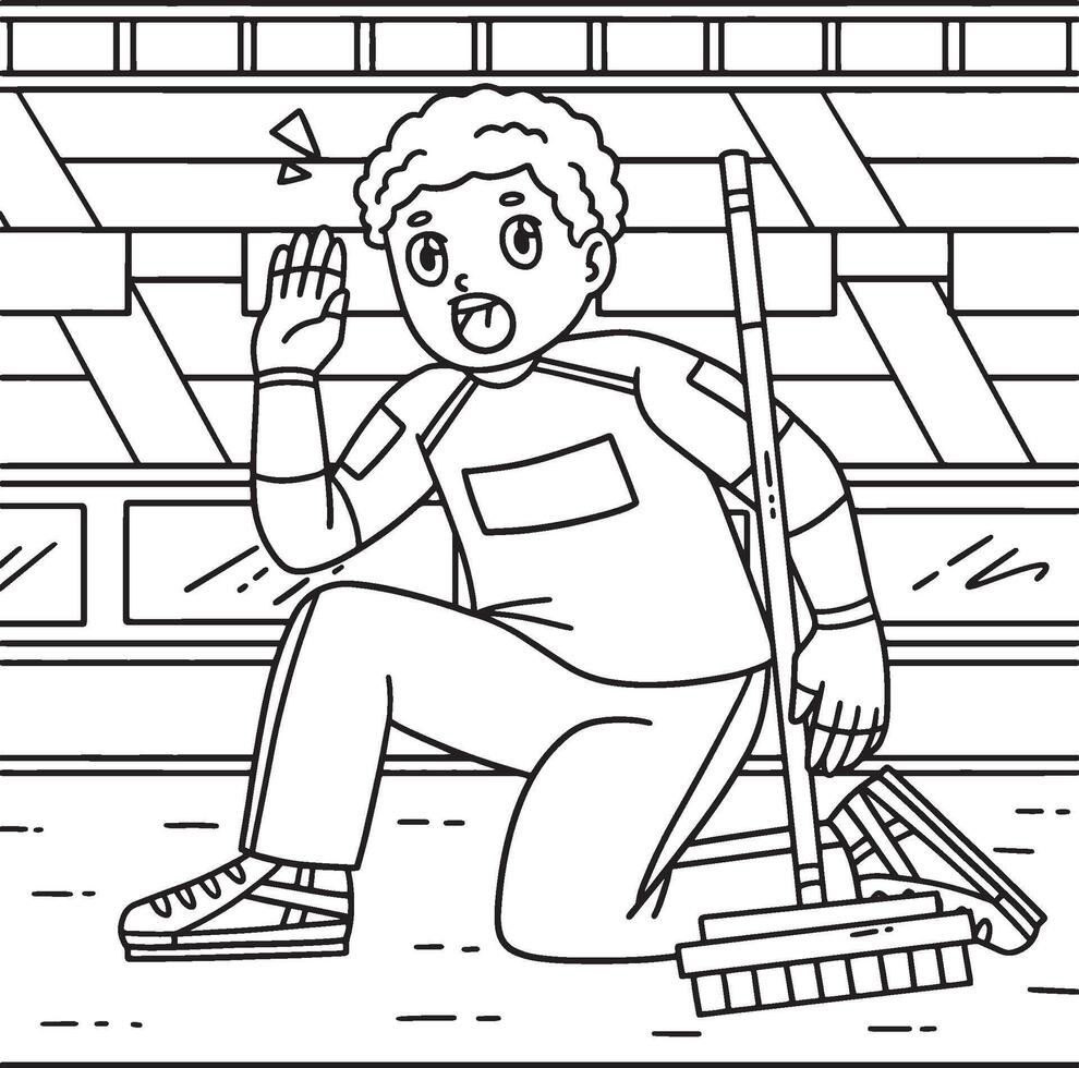 Curling Male Skip Shouting Coloring Page for Kids vector