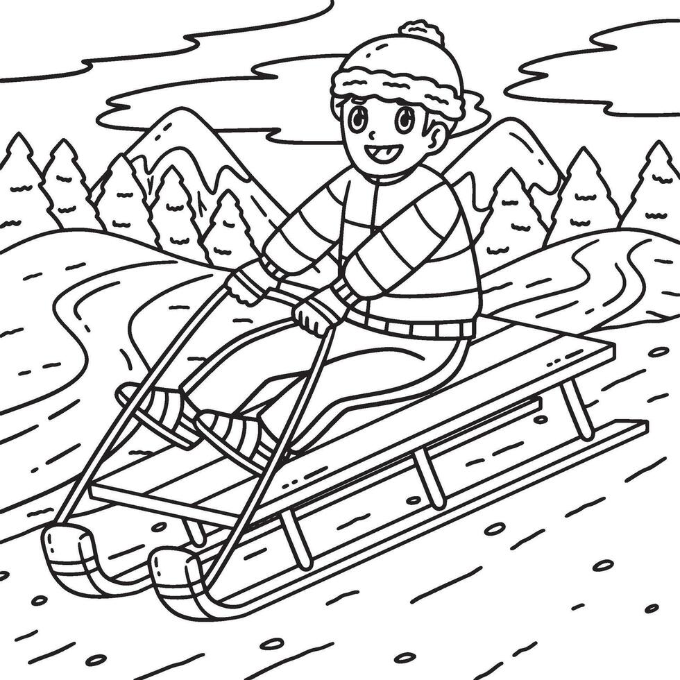 Sledding Boy Coloring Page for Kids vector