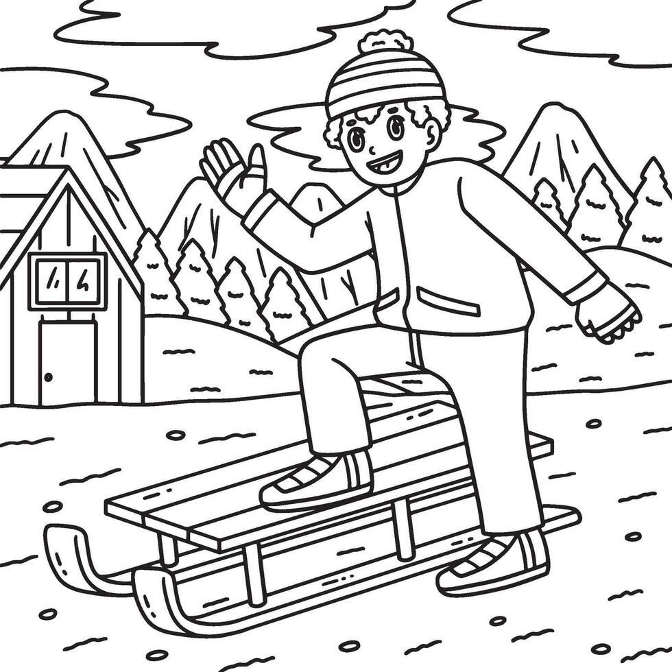 Sledding Boy Preparing to Ride Coloring Page vector
