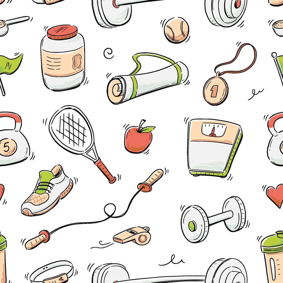 A seamless pattern with various fitness items vector