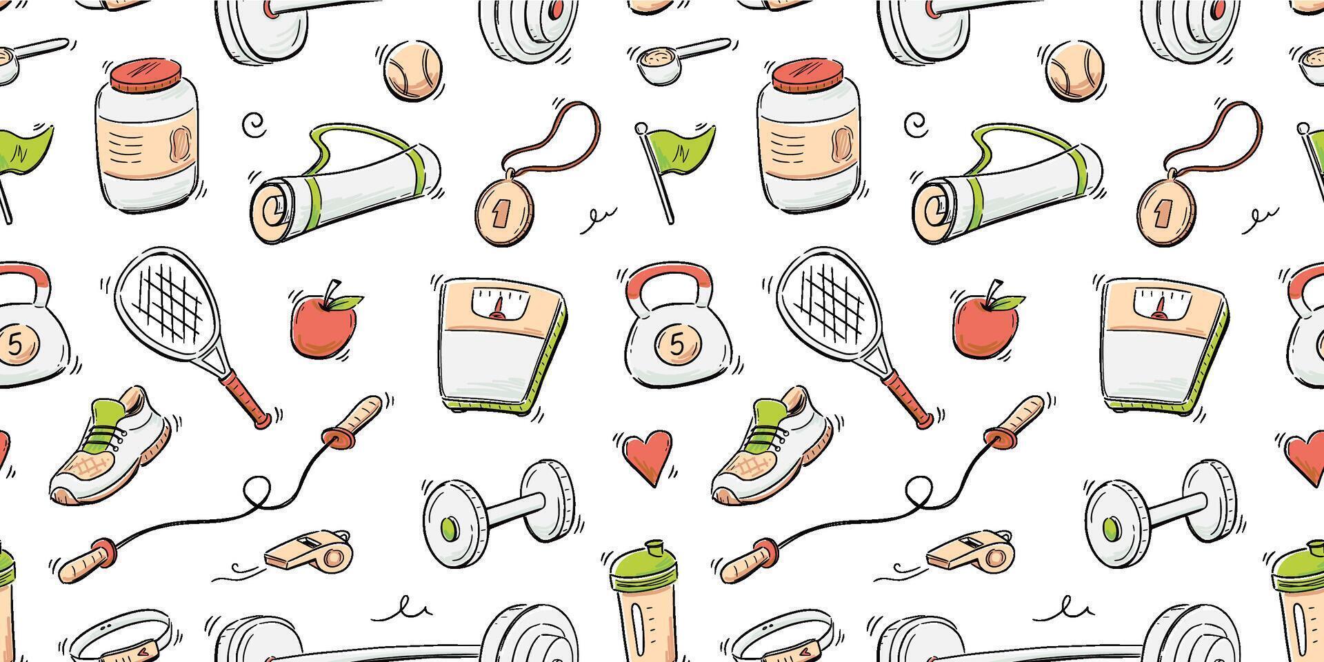 Doodle gym sketch health seamless pattern background. Hand drawn sketch doodle healthy sport, gym fit exercise equipment background. Seamless pattern tennis ball, bottle, dumbbell. vector
