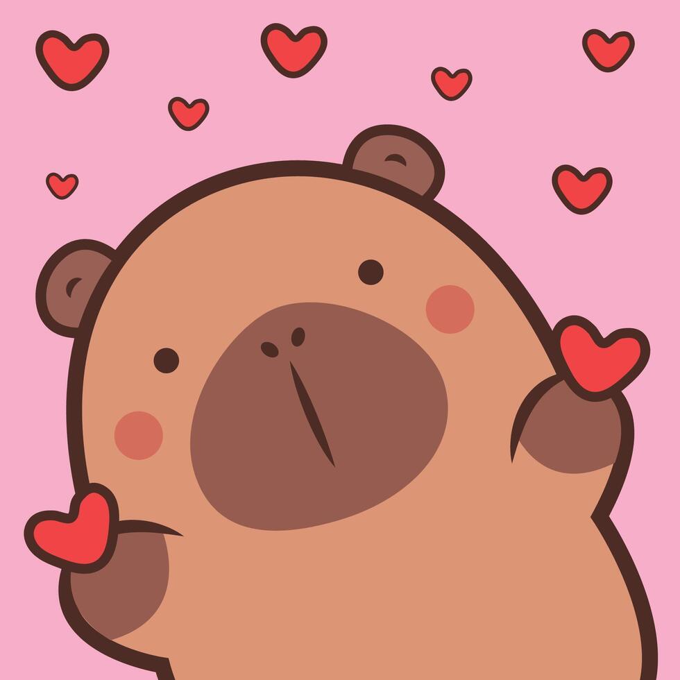 Cute illustration of capybara animals perfect for Valentine's Day cards invitations. Capybara with hearts in hands vector