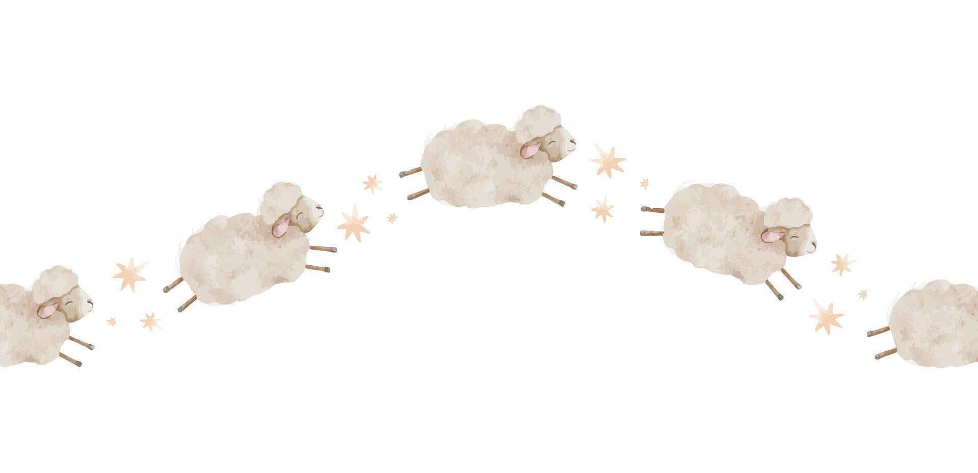 Jumping sheep, clouds and stars. Watercolor nursery seamless border. Tally dreamy lamb in order to fall asleep. Banner farm animal for scrapbook, textile, linen, baby shower, wallpaper vector