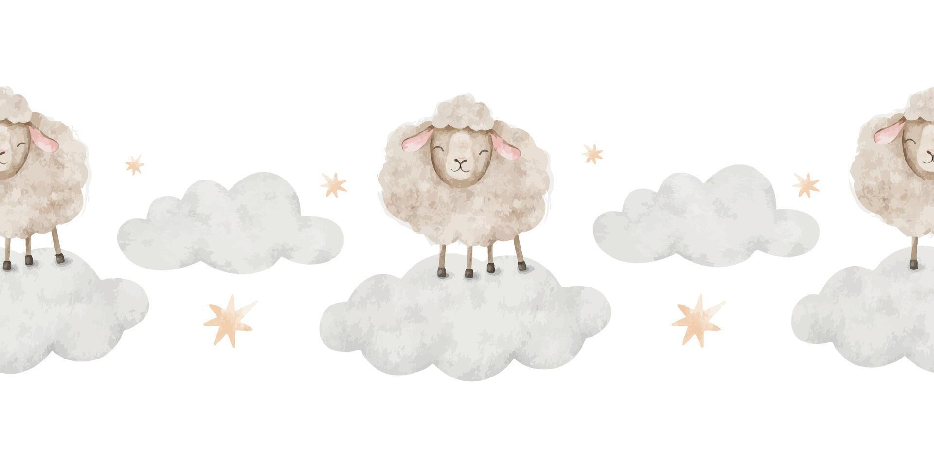 Sheep on clouds among stars. Watercolor isolated nursery seamless border. Kids banner of fluffy beige lamb animal for scrapbook, textile, linen, baby shower, wallpaper vector