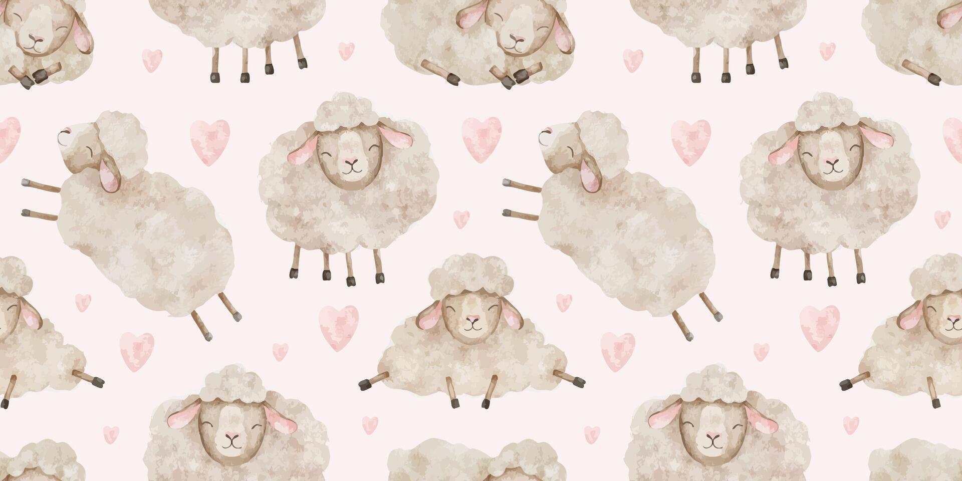 Fluffy lamb beige and hearts. Sheep in love. Watercolor nursery seamless surface pattern design. Baby background for Valentine's day, writing paper, textile, linen, baby shower, wallpaper vector