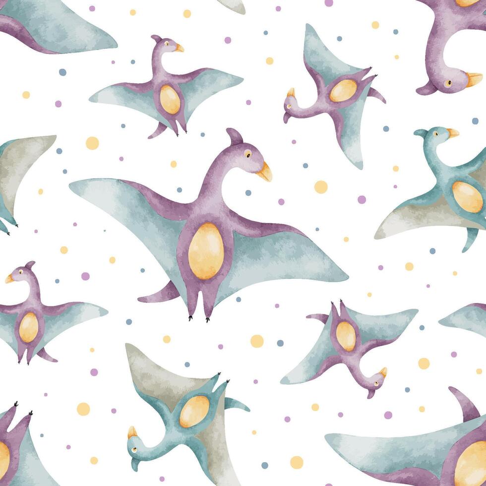 Dinosaurs and colorful dots. Hand drawn watercolor seamless pattern of Pterodactyl. Background cute baby dino for design kid's goods, scrapbook, clothes, textile, linen vector