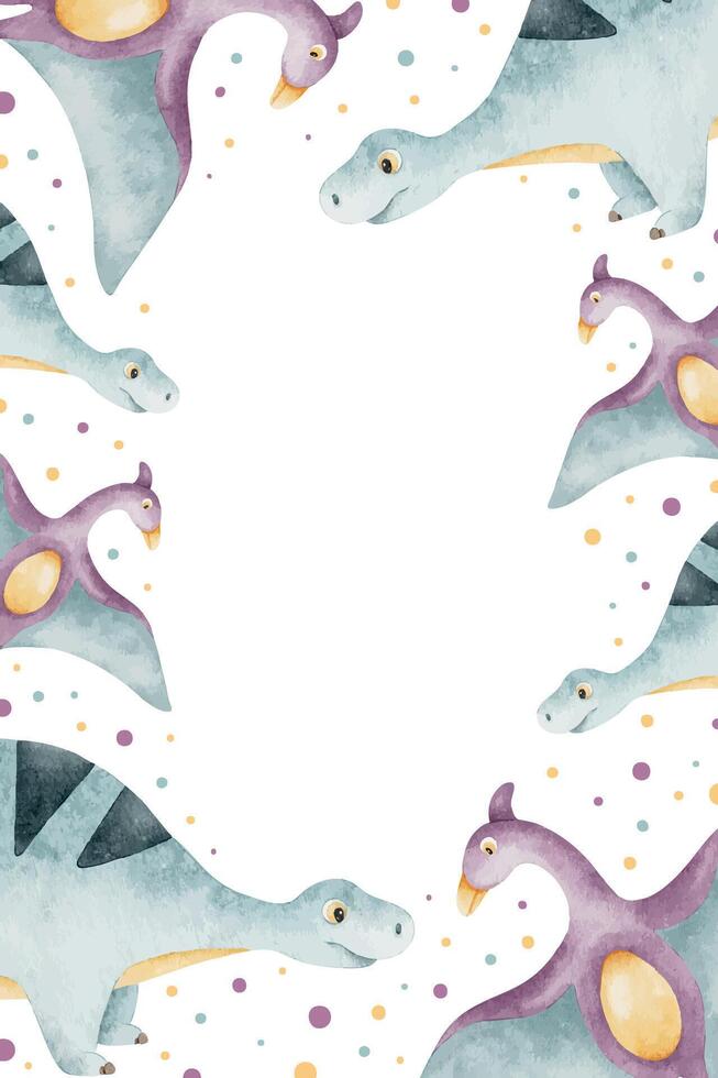 Dinosaurs, colorful dots. Isolated hand drawn watercolor frame of Pterodactylus, sauropoda. Template of dinosaur for children's invitation birthday, baby shower cards, decoration of kid's room, poster vector