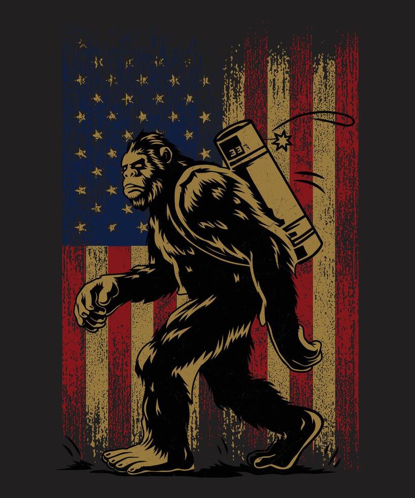 Bigfoot with USA Flag Graphics Design For Print, Poster, Mug T-shirt vector