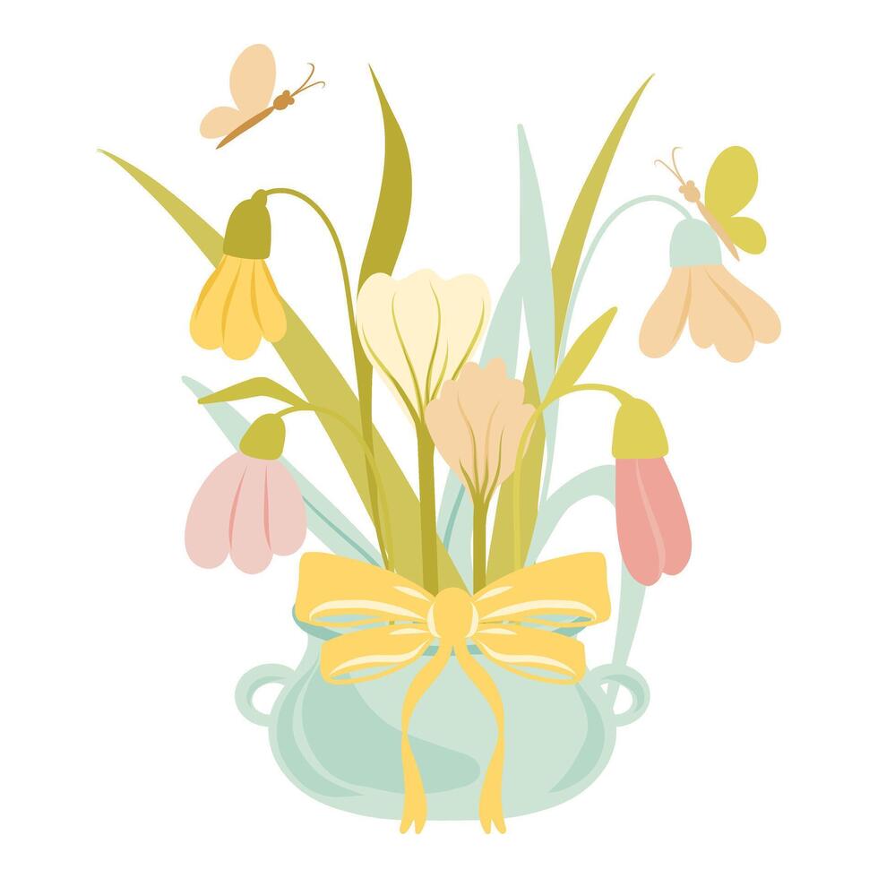 Pot with colorful snowdrops and a bow tie, illustration vector
