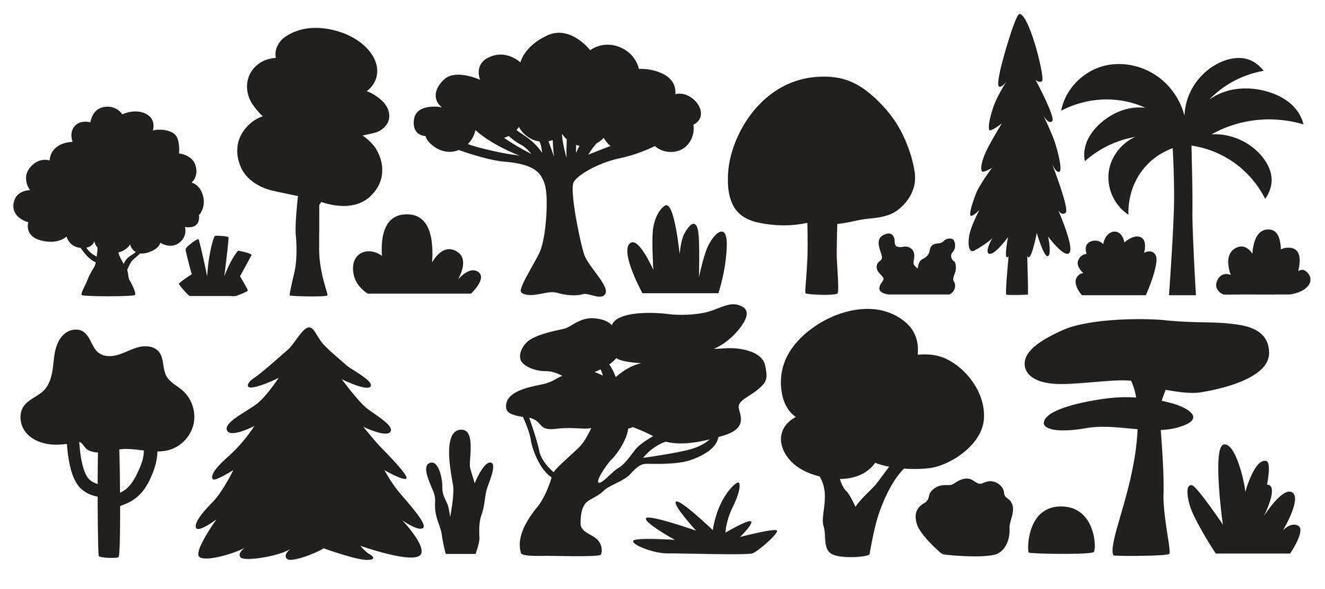 Tree black silhouettes set. Trees, bushes and grass. Flat illustration isolated on white background. vector