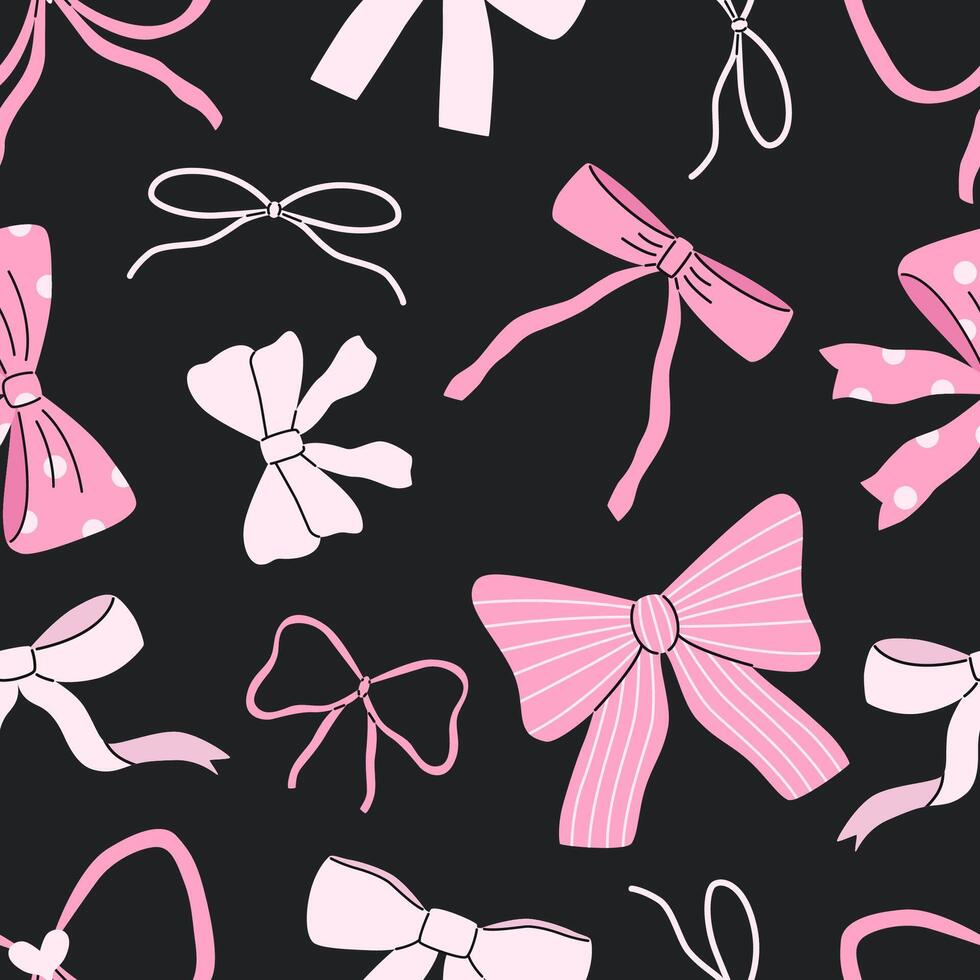 Seamless pattern with different pink flat bows. Ribbons on black background. Cute design for fabric, wrapping paper. vector
