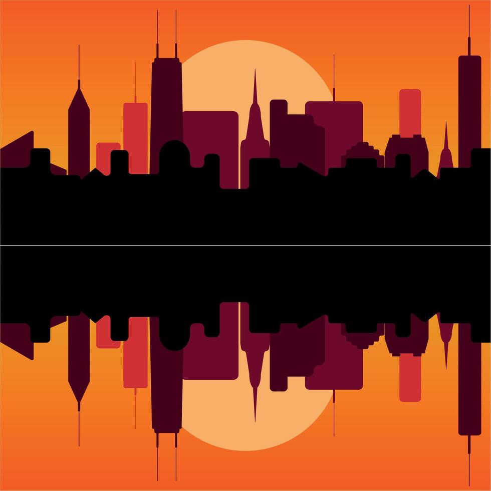 City Skyline sunset reflection Silhouette design, Cityscape evening urban panorama, modern urban scene, business or corporate illustration vector