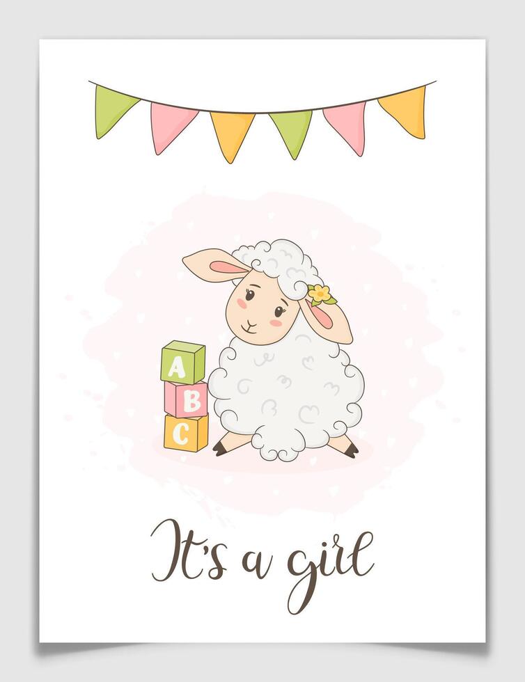 Its A Girl Baby Shower Greeting Card With Lamb. vector