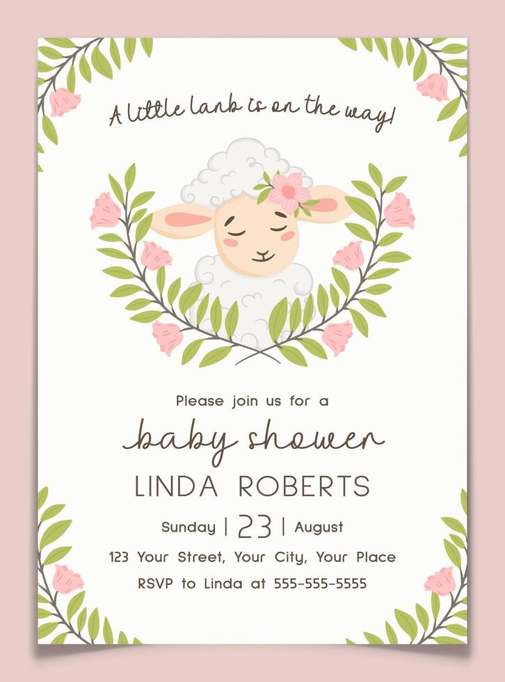 Baby Shower Card with Cute Lamb and Floral Branch. vector