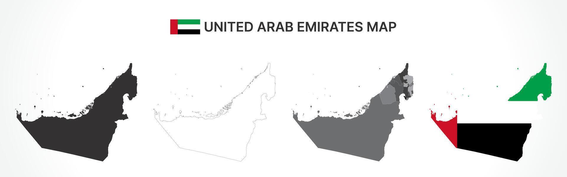 Detailed United Arab Emirates Map Collection with Outline, Silhouette, Emirates, and Flag Overlay Variations vector